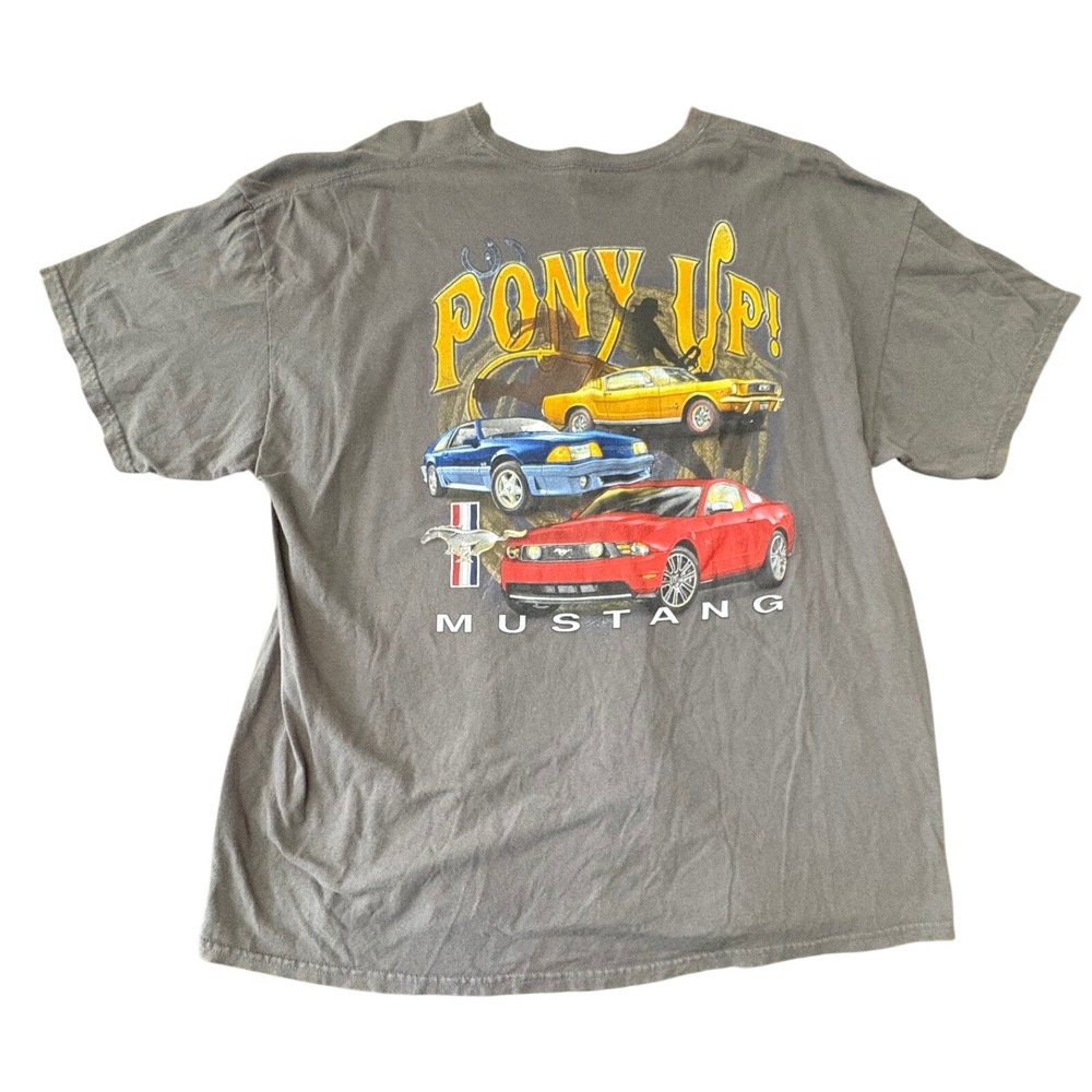 Ford Mustang T-Shirt Mens 2XL Gray Pony Up Graphic Tee Car Club Muscle Car V8